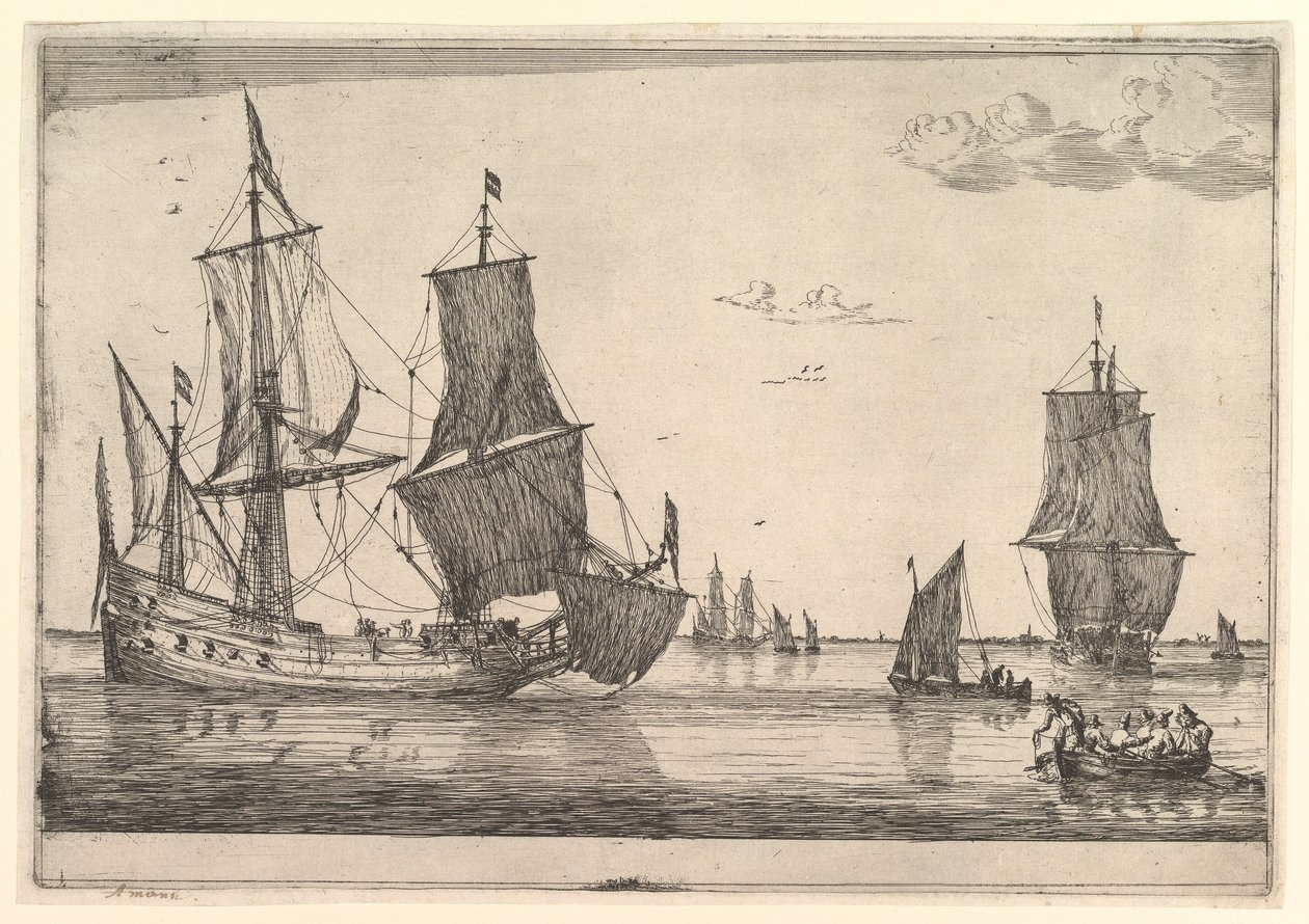 Groot Zeilschip en Roeiboot, 17e eeuw door Reinier Zeeman