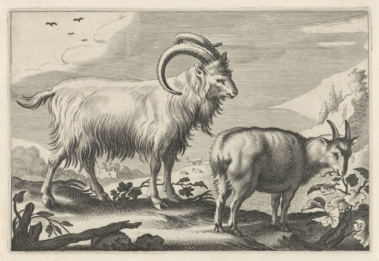 Heuvelachtig landschap met twee geiten door Reinier van Persijn