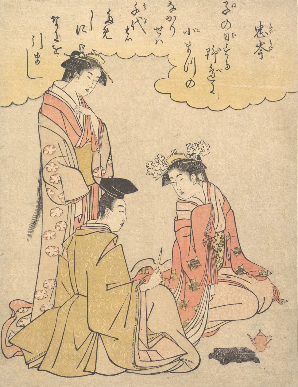 Hoveling en Twee Dames van het Hof, met een Gedicht van Mibu no Tadamine, ca. 1791 door Rekisentei Eiri