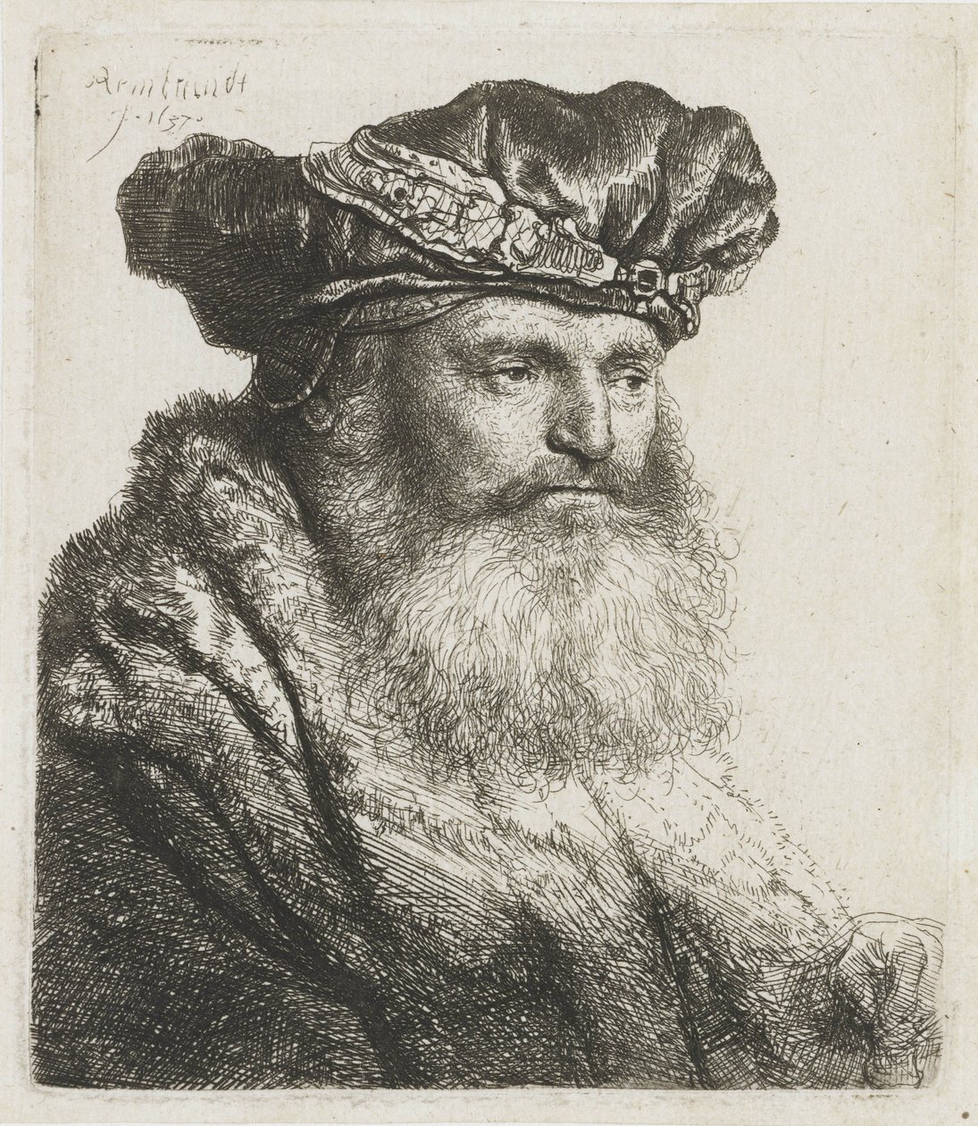 Baardige man in een fluwelen baret met een juweelgesp, 1637 door Rembrandt van Rijn