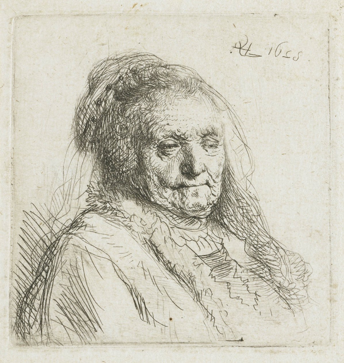 Rembrandts moeder, hoofd en schouders, driekwart naar rechts, 1628 door Rembrandt van Rijn