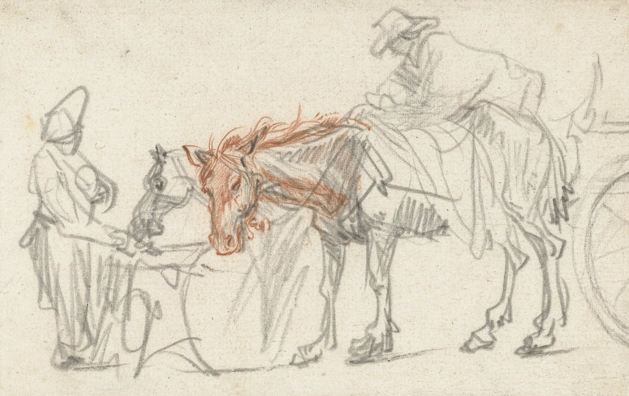 Twee paarden op een rustplaats door Rembrandt van Rijn