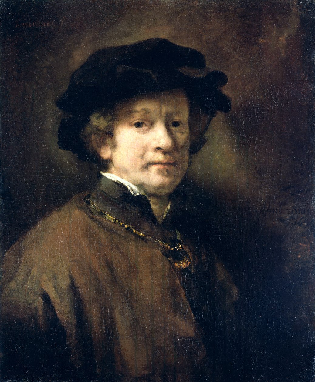 Zelfportret met pet en gouden ketting door Rembrandt van Rijn