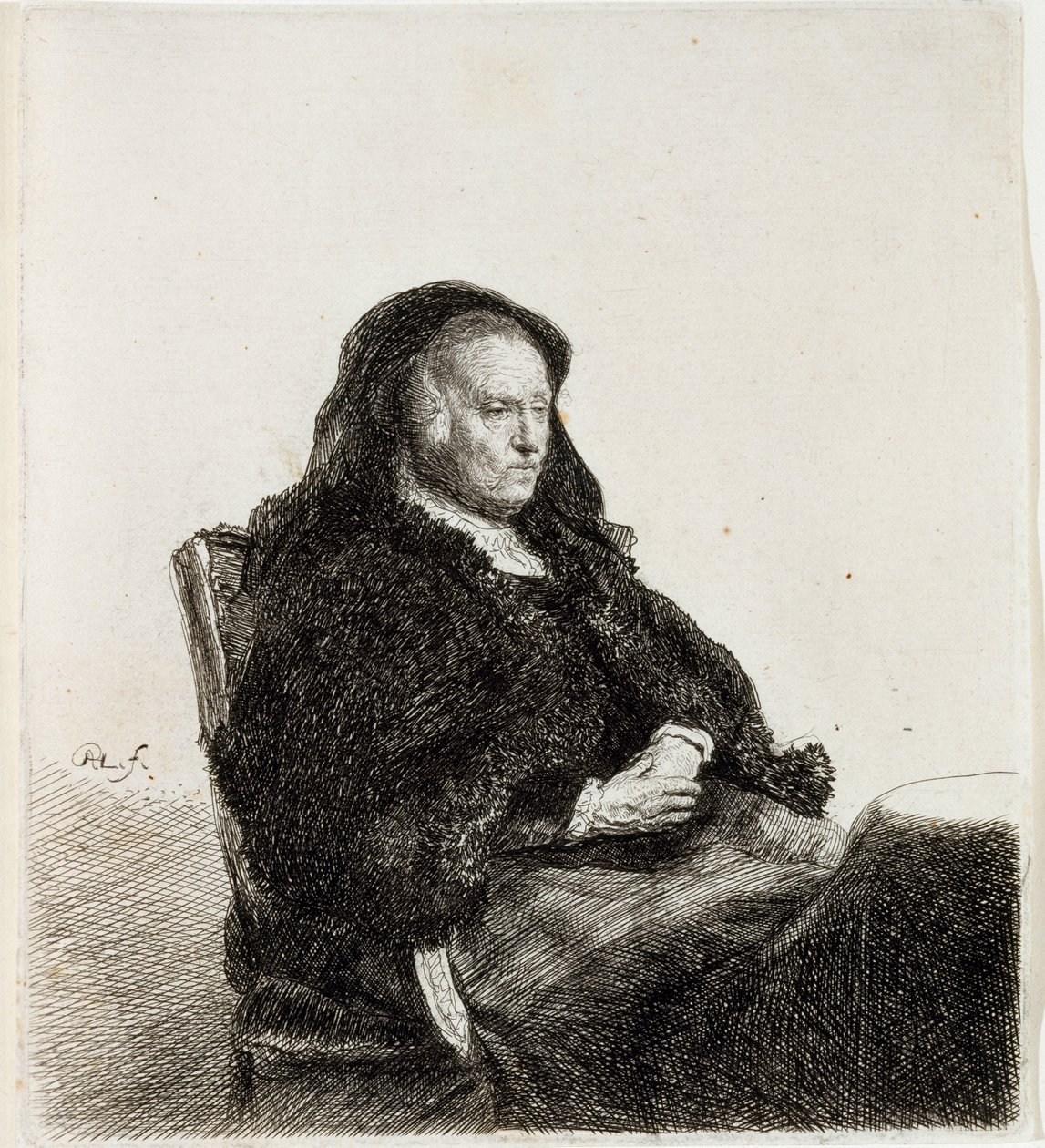 De moeder van de kunstenaar zittend aan een tafel door Rembrandt van Rijn