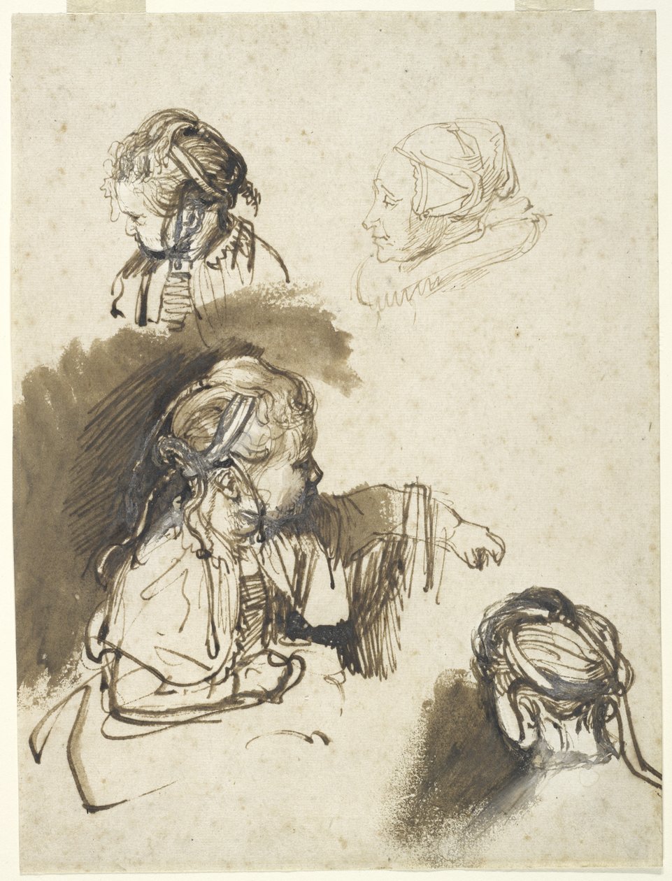 Drie studies van een kind en een van een oude vrouw door Rembrandt van Rijn