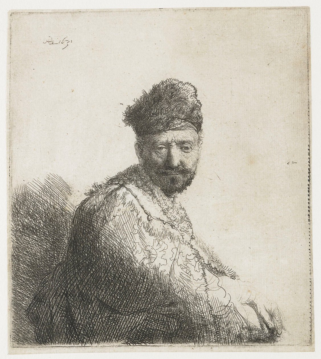 Baardige man, in een bonten oosterse muts en mantel: De vader van de kunstenaar door Rembrandt van Rijn