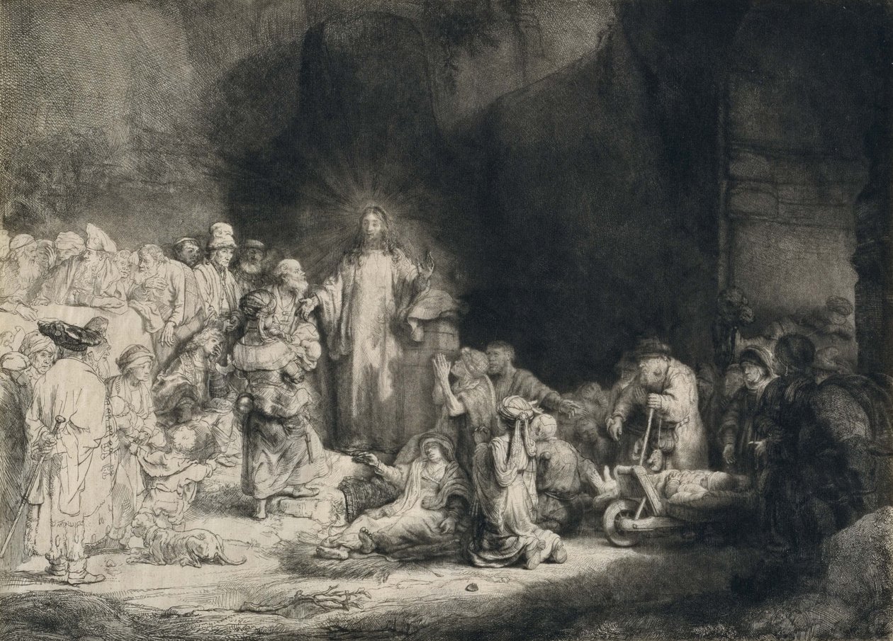 Christus met de zieken om zich heen, ontvangt kleine kinderen (De Honderd Guilder Print) door Rembrandt van Rijn