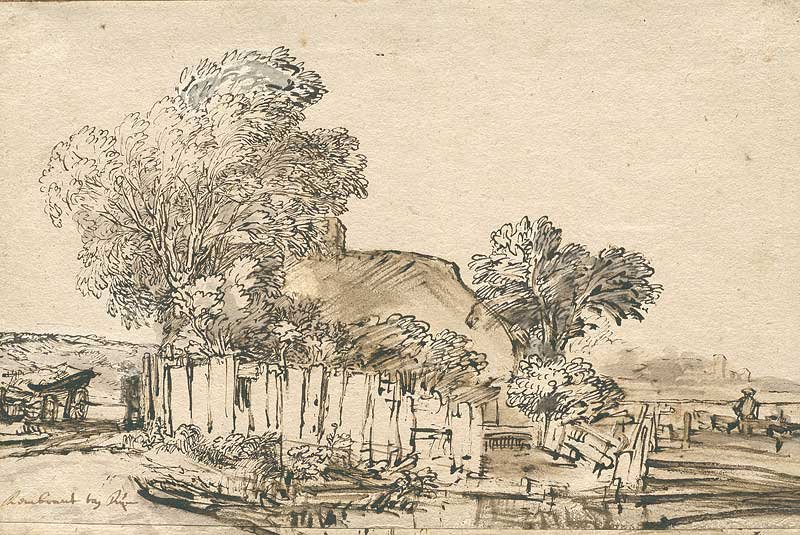 Huisje met houten omheining tussen bomen door Rembrandt van Rijn