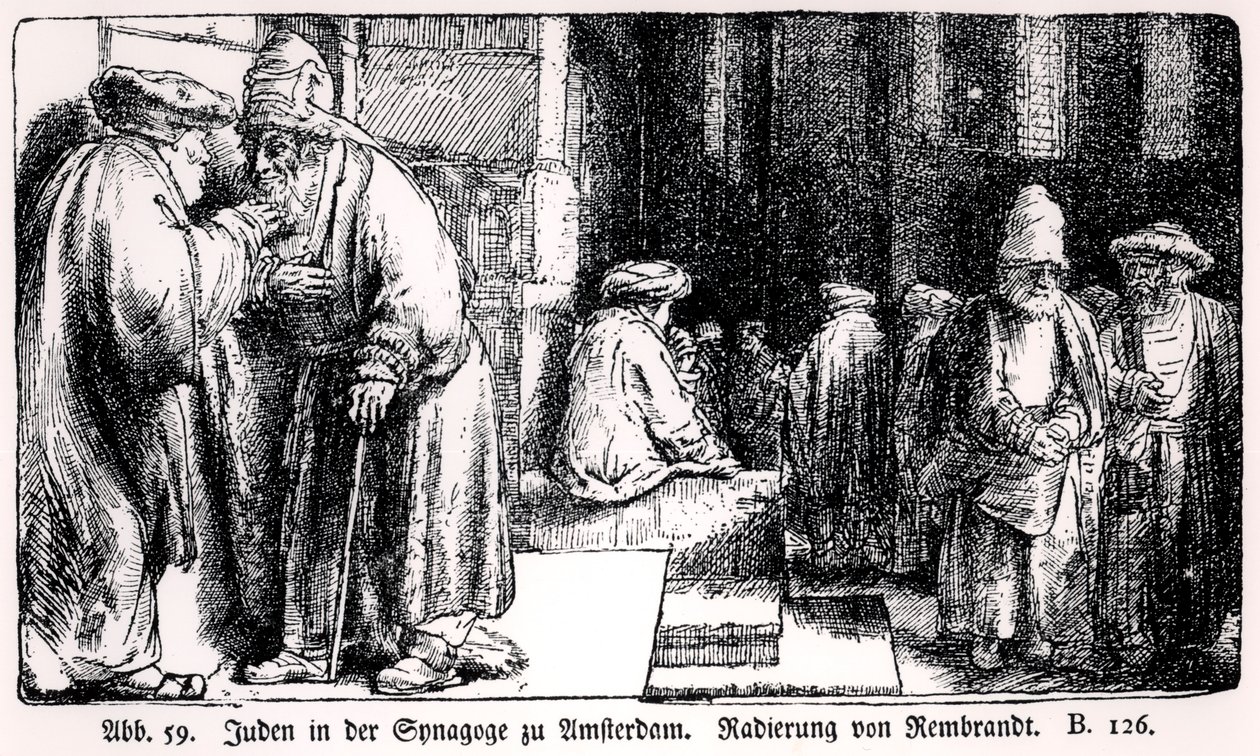 Joden in de Synagoge in Amsterdam, gegraveerd door de kunstenaar door Rembrandt van Rijn