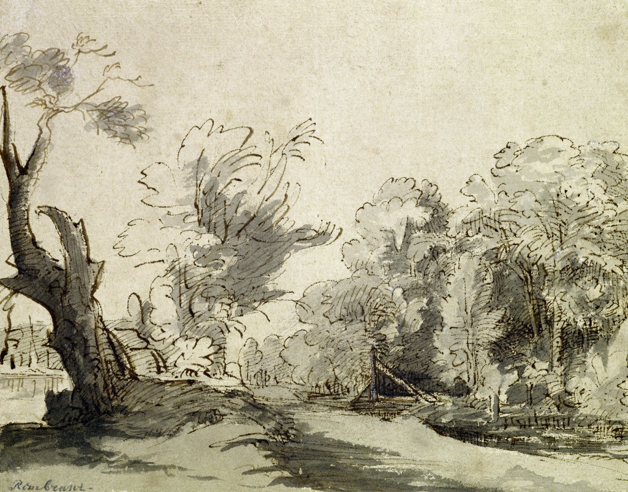Landschap met een pad, een bijna dode boom links en een voetbrug naar een boerderij rechts door Rembrandt van Rijn