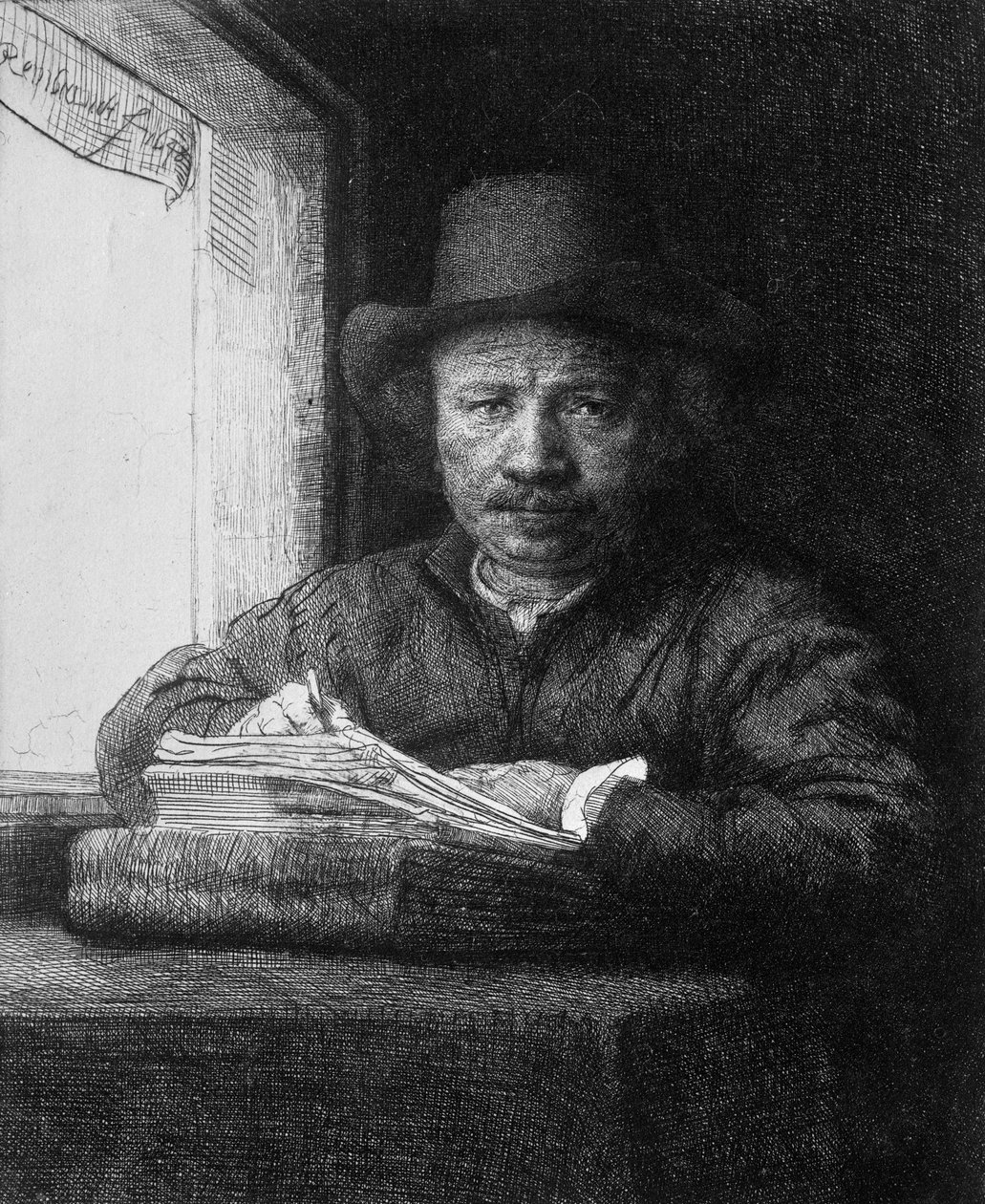 Zelfportret tijdens het tekenen door Rembrandt van Rijn