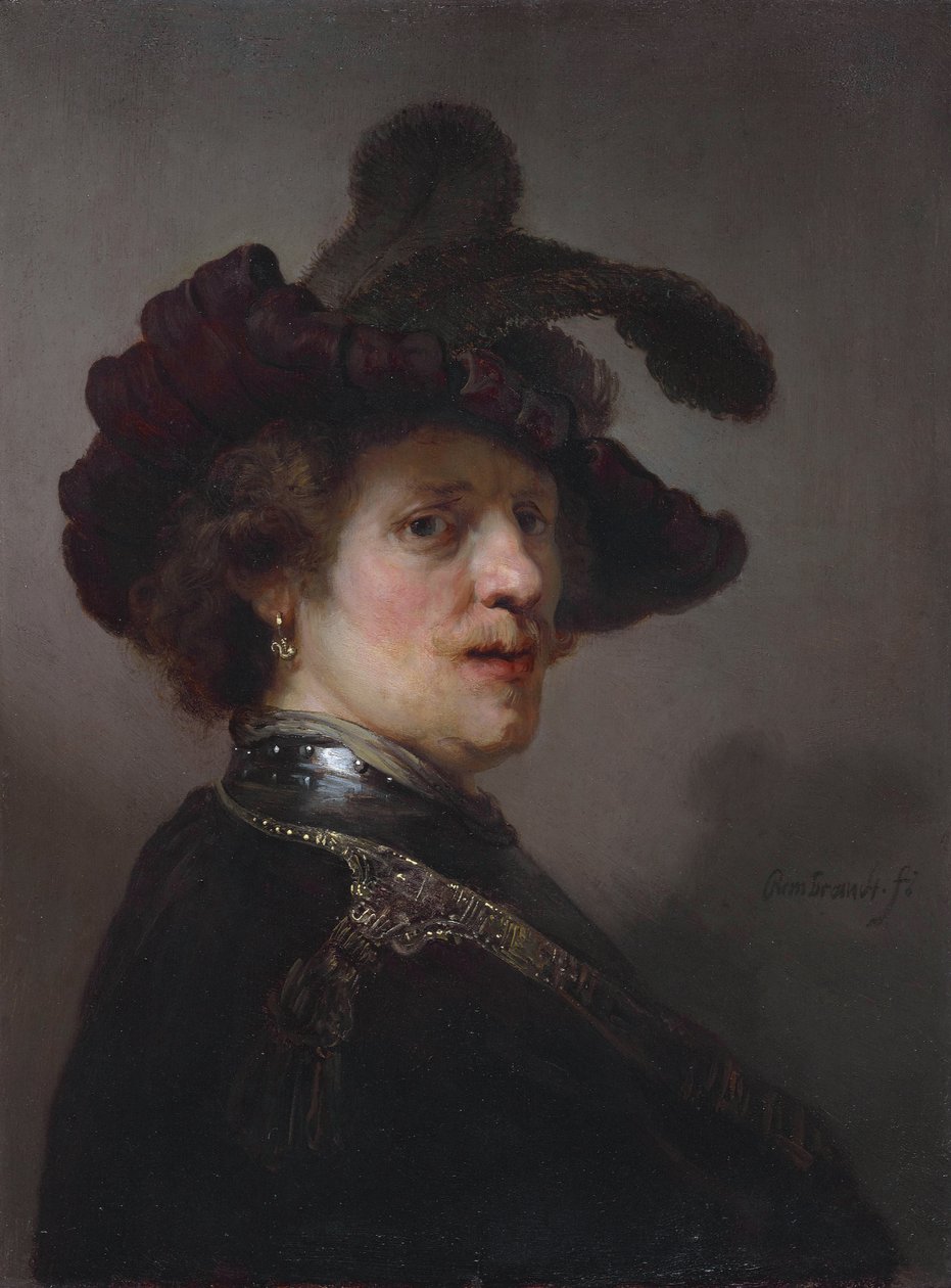 Tronie van een man met een gevederde baret door Rembrandt van Rijn