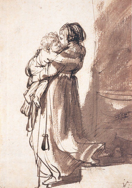 Vrouw die een kind de trap af draagt door Rembrandt van Rijn