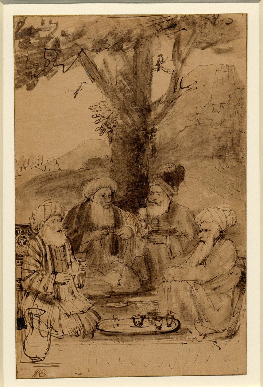 Vier moellahs gezeten onder een boom, Rembrandt, ca. 1656-61 door Rembrandt