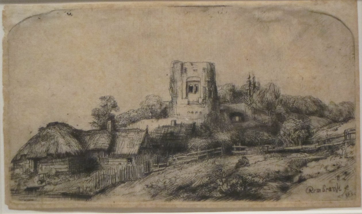 Landschap met vierkante toren door Rembrandt