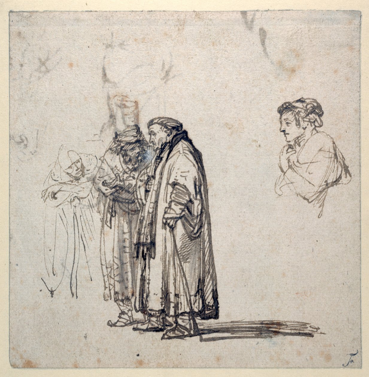 Een groep oudere geleerden en, afzonderlijk, een jonger mannenprofiel door Rembrandt Harmensz. van Rijn