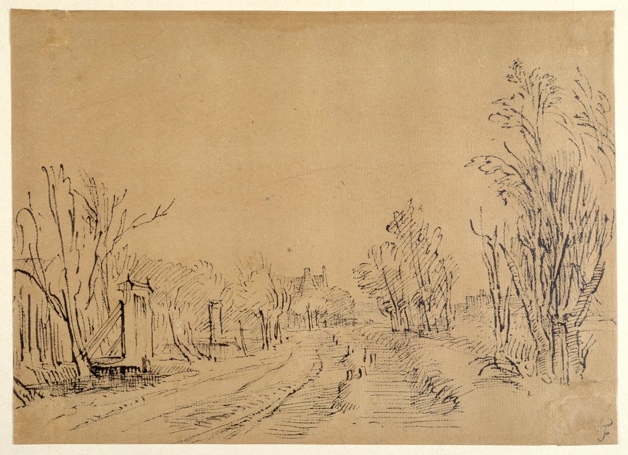 Een hoofdweg die door bomen naar een huis leidt (twee bruggen en poorttoegangen naar de dijk) door Rembrandt Harmensz. van Rijn