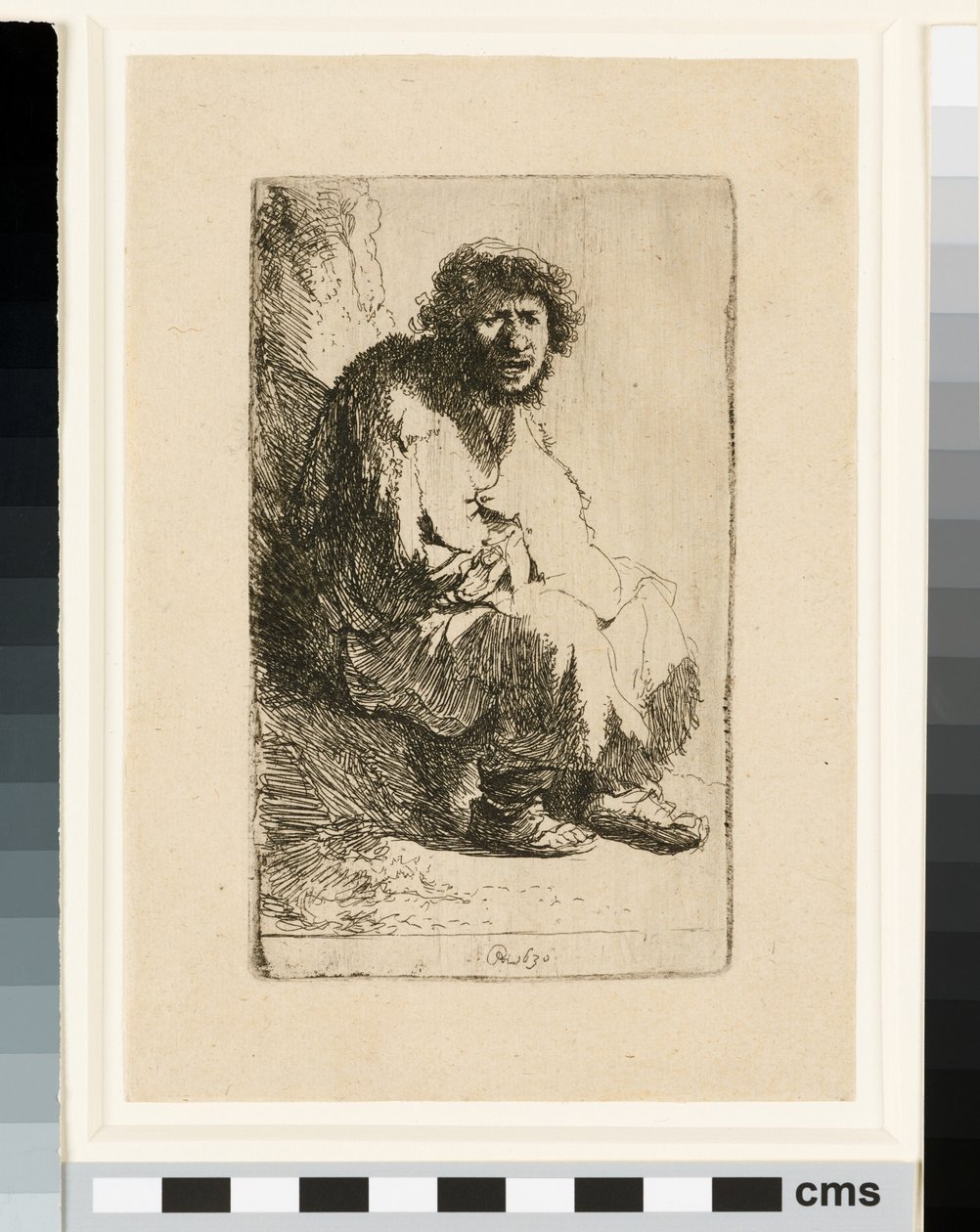 Bedelaar zittend op een bank door Rembrandt van Rijn
