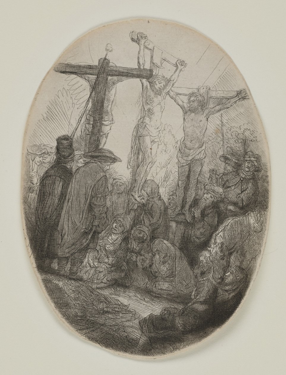 Christus gekruisigd tussen twee dieven: een ovale plaat, ca. 1641 door Rembrandt van Rijn