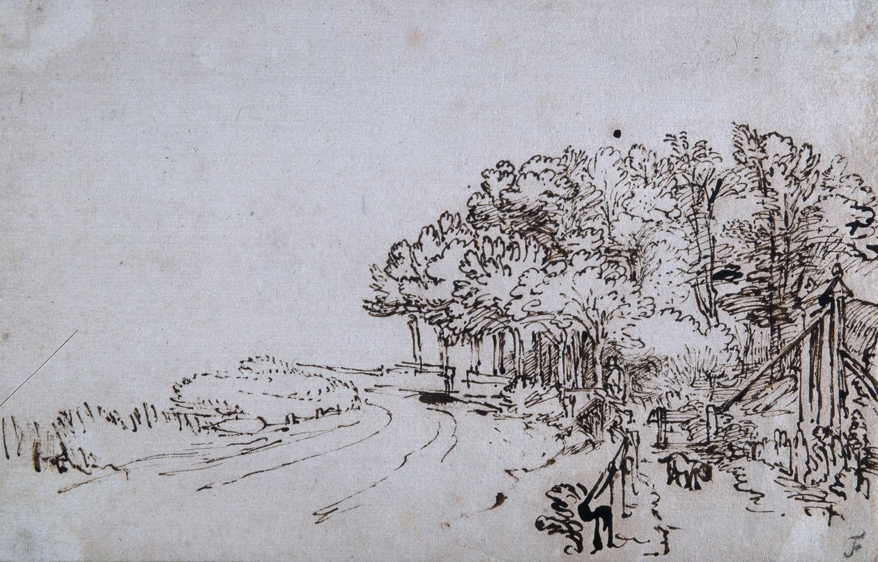 Bosje aan het hoofd van de Amsteldijk bij Trompenburg, ca. 1649 door Rembrandt Harmensz. van Rijn