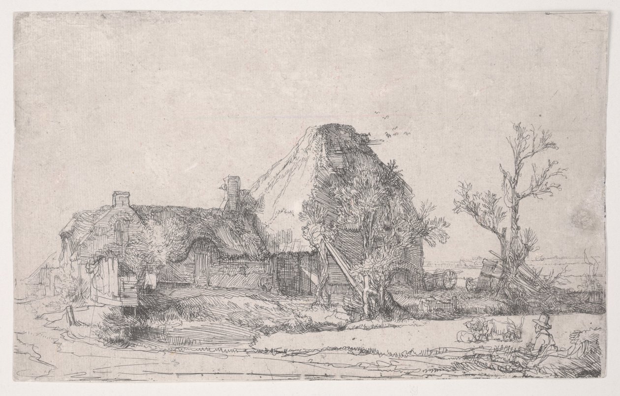 Cottage en Boerderijgebouwen met een Man die Schetst door Rembrandt van Rijn