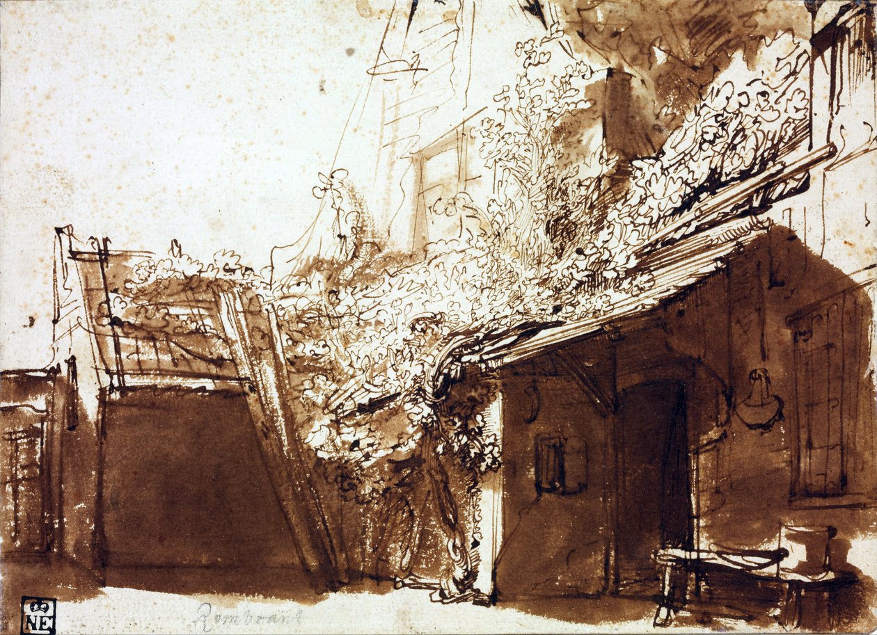 Boerderij in Licht en Schaduw - Rembrandt van Rhijn (1606-1669) - 1635-1636 - Pen, penseel, bruine kleur op papier - 16,2x22,5 cm - Szepmuveszeti Muzeum, Boedapest door Rembrandt Harmensz. van Rijn