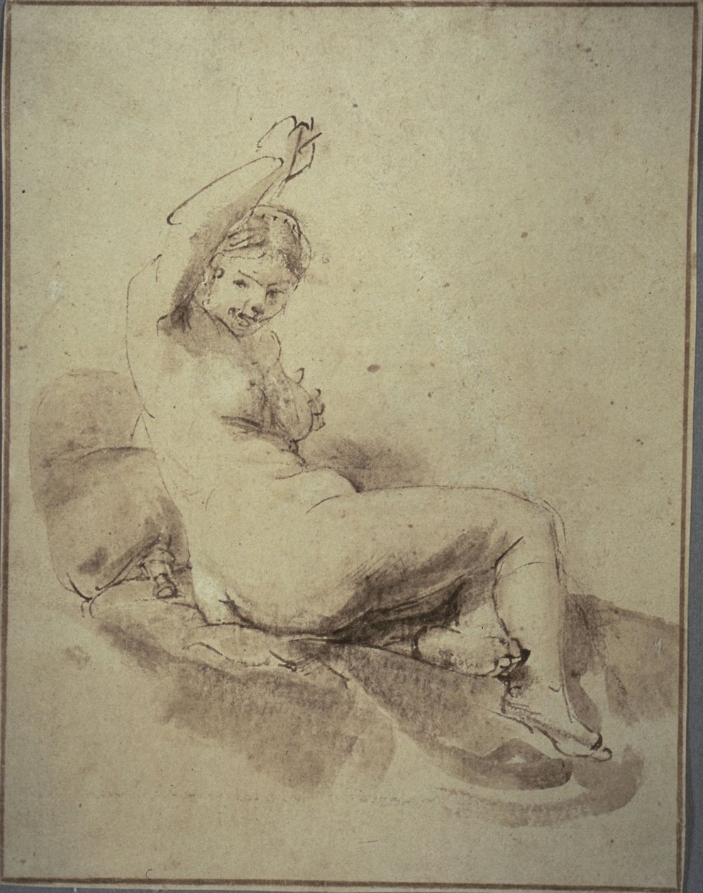 Vrouwelijk naakt liggend met arm omhoog, c.1665 door Rembrandt Harmensz. van Rijn