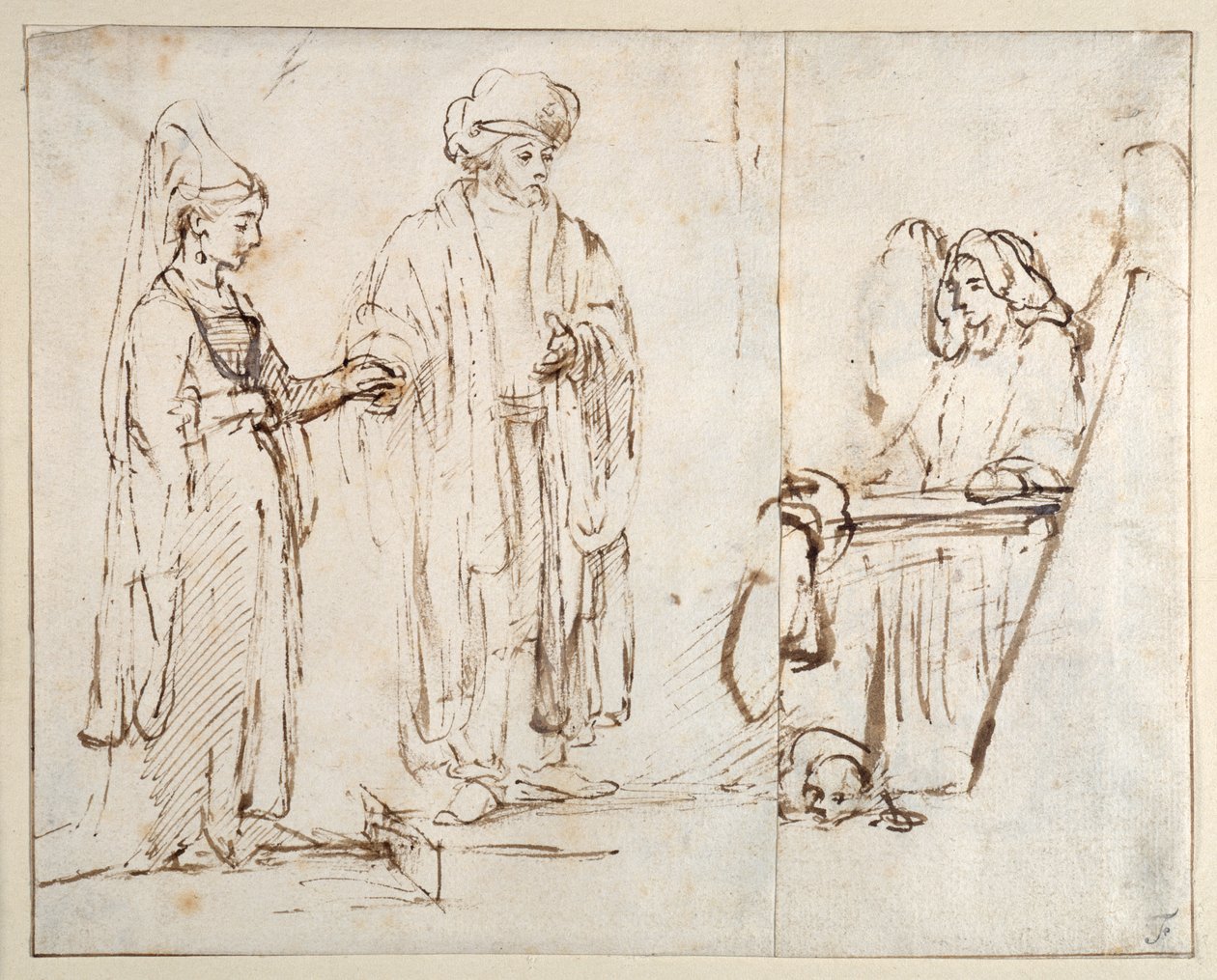 Laban brengt Leah naar Jacob, met Jacob overdekt door een fragment van een andere tekening; een engel met een hond liggend aan zijn voeten door Rembrandt Harmensz. van Rijn