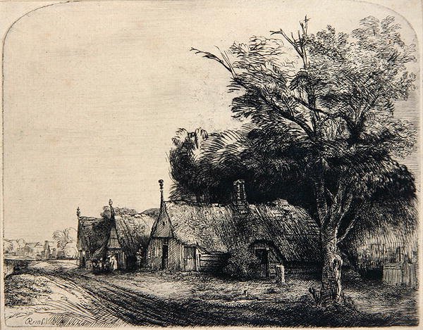 Landschap met drie hutten door Rembrandt Harmensz. van Rijn
