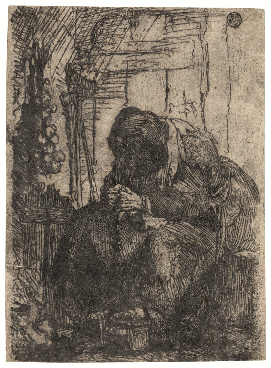 Oude vrouw zittend in een huisje met een snoer uien aan de muur, ca. 1629 (ets) door Rembrandt Harmensz. van Rijn
