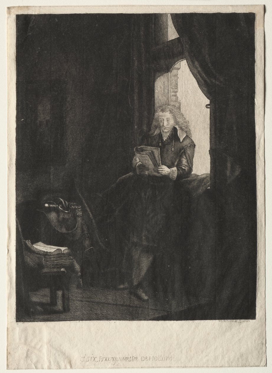 Portret van Jan Six (ets) door Rembrandt Harmensz. van Rijn