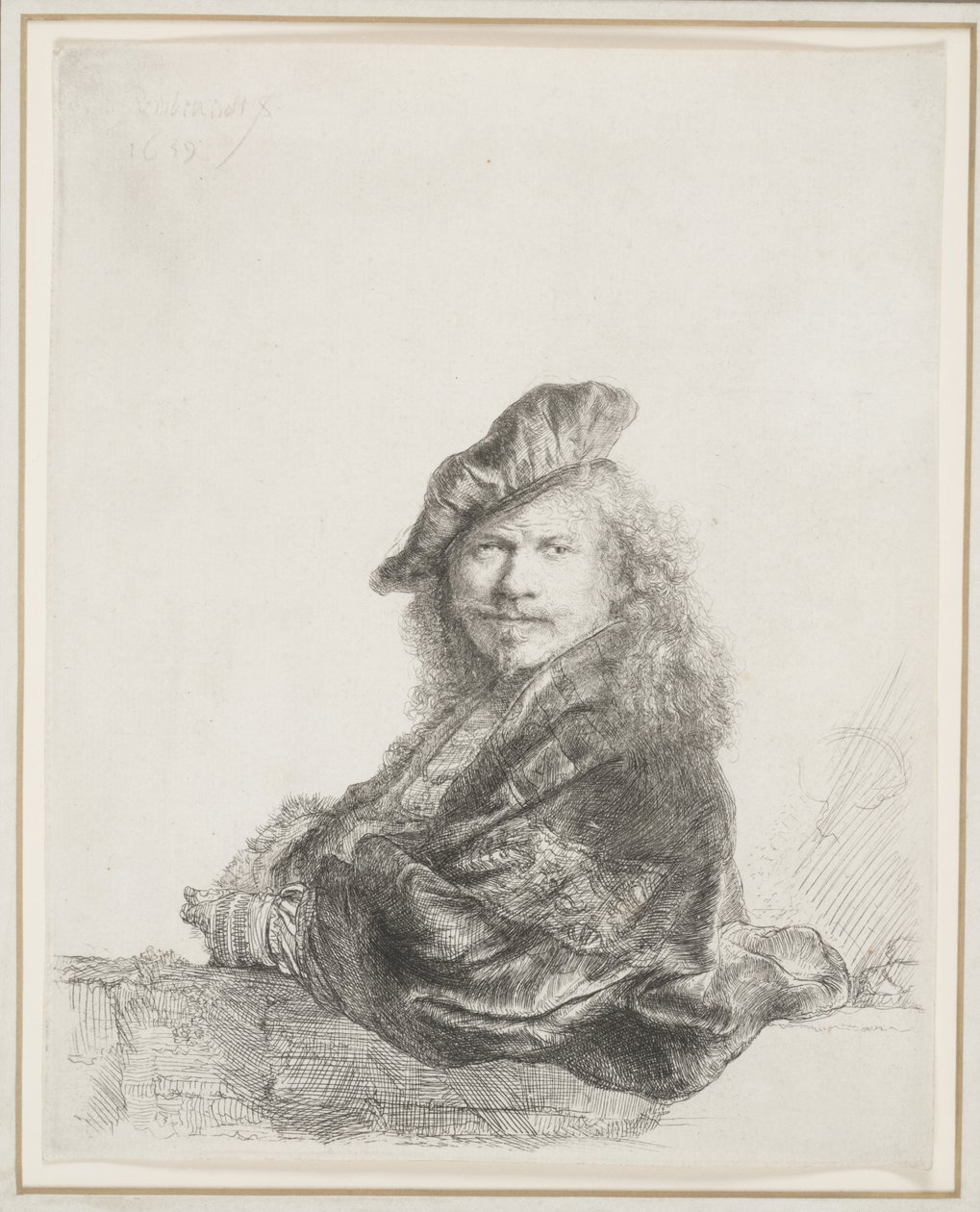 Rembrandt leunend op een stenen vensterbank: Halflengte door Rembrandt van Rijn