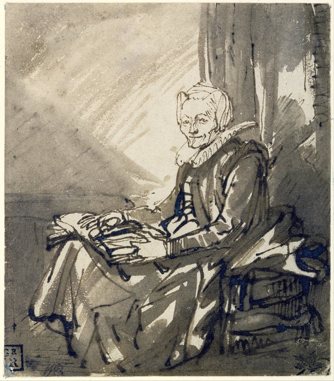 Zittende vrouw met open boek op schoot, ca.1639 (pen, bruine inkt  bruin gewassen) door Rembrandt Harmensz. van Rijn