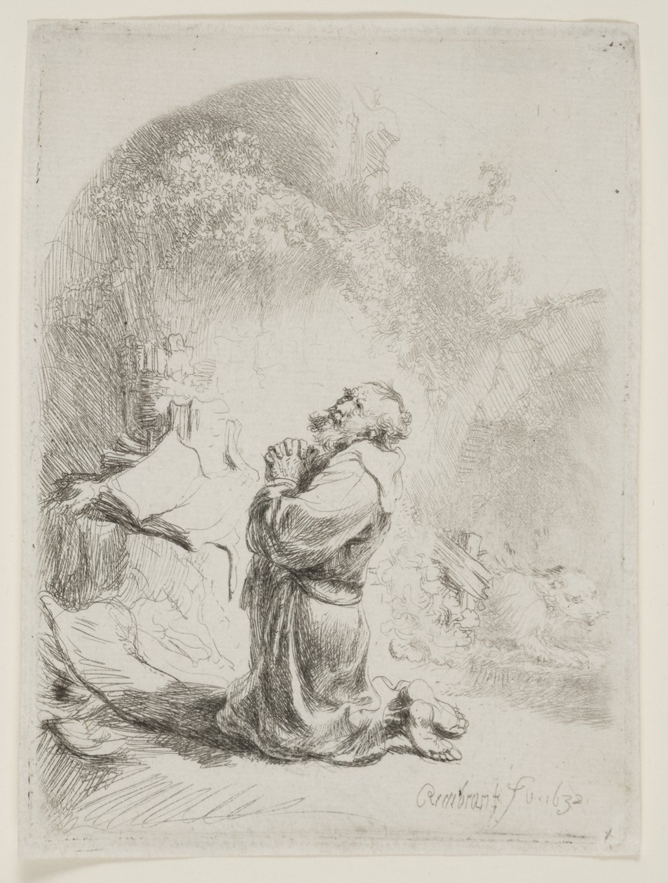 St. Hiëronymus biddend: Gebogen prent door Rembrandt van Rijn
