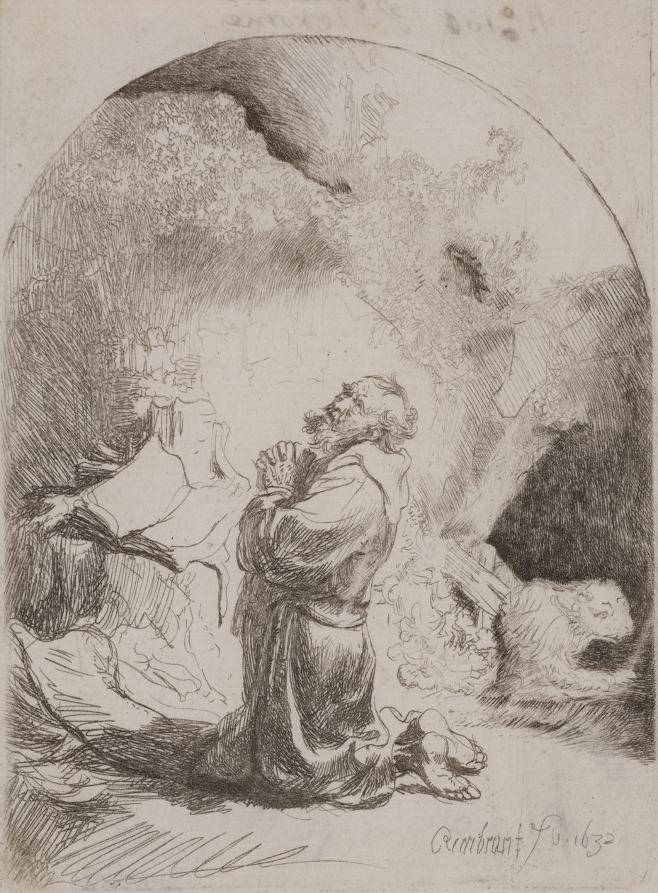St. Hiëronymus biddend: gebogen prent door Rembrandt van Rijn