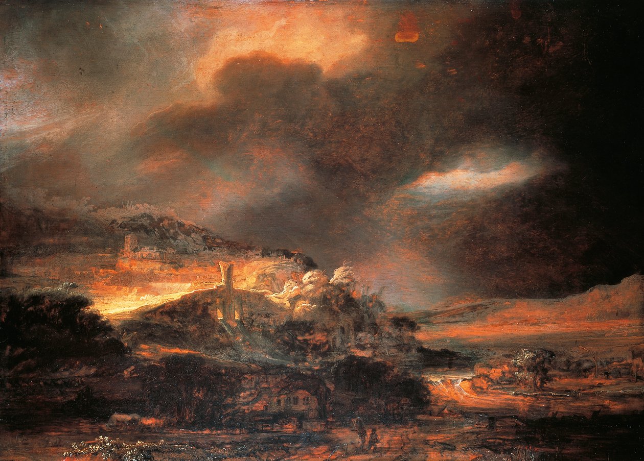 Stormachtig landschap, ca. 1637/38 door Rembrandt Harmensz. van Rijn
