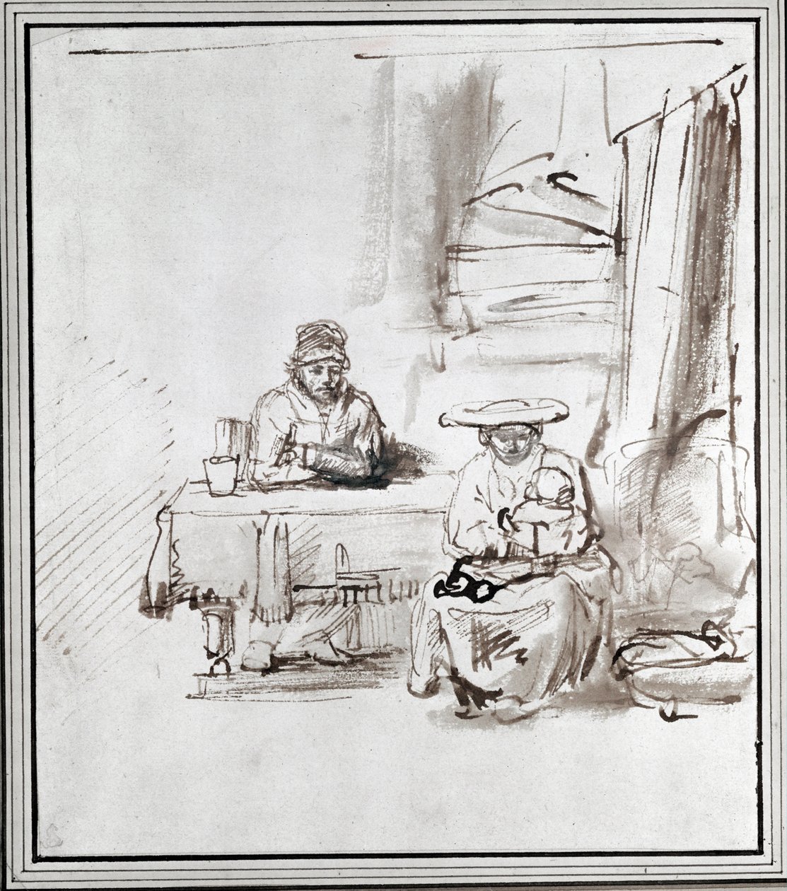 De Heilige Familie. Pentekening (tekening) door Rembrandt Harmensz. van Rijn