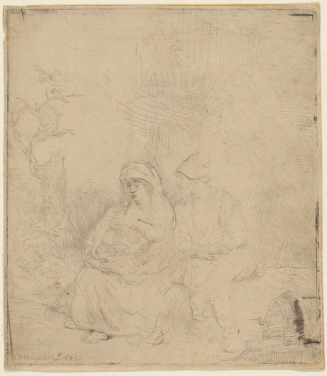 De rust tijdens de vlucht naar Egypte: licht geëtst door Rembrandt Harmensz. van Rijn