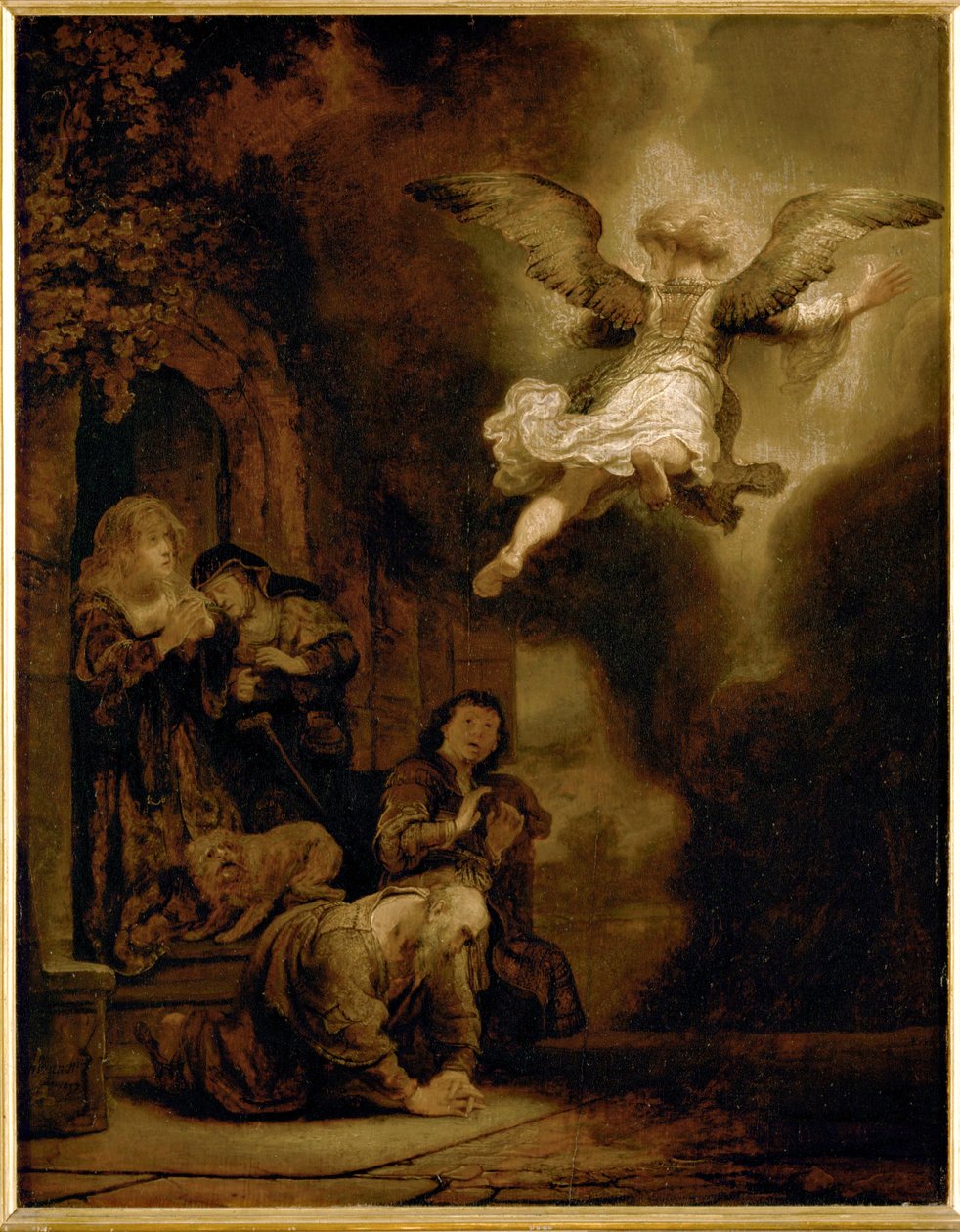 De aartsengel Rafaël verlaat de familie van Tobit ... door Rembrandt Harmensz. van Rijn