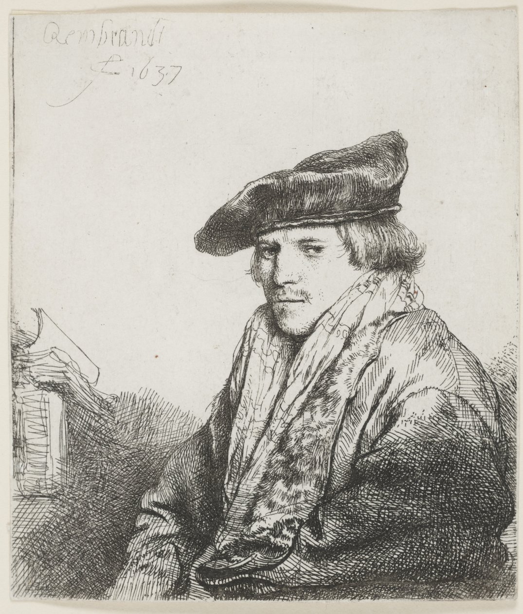 Jonge man met een fluwelen pet en boeken naast hem door Rembrandt van Rijn