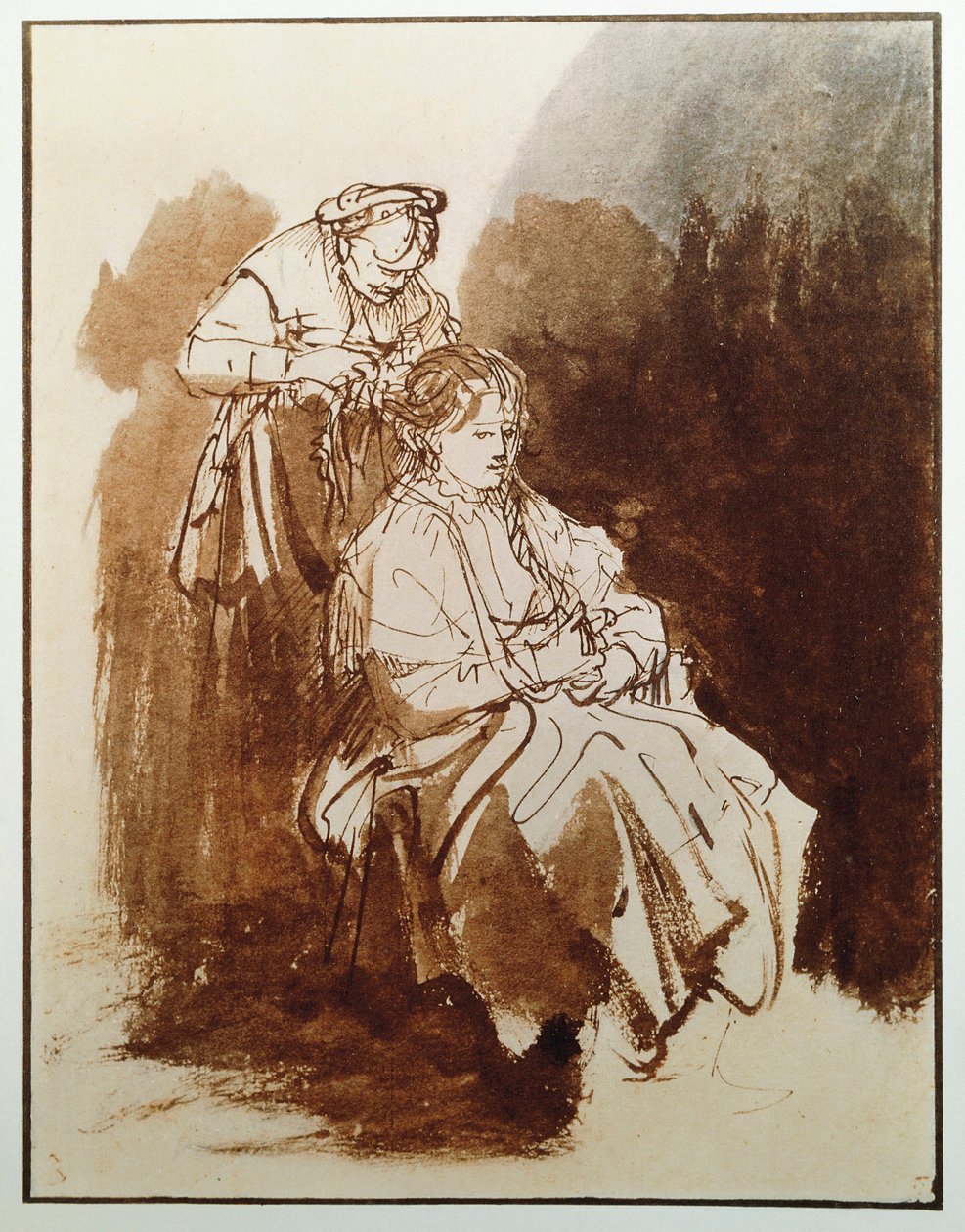 Jonge vrouw bij haar toilet. Het haar van een oude dienstmeid. (Inkttekening, ca. 1635) door Rembrandt van Rijn