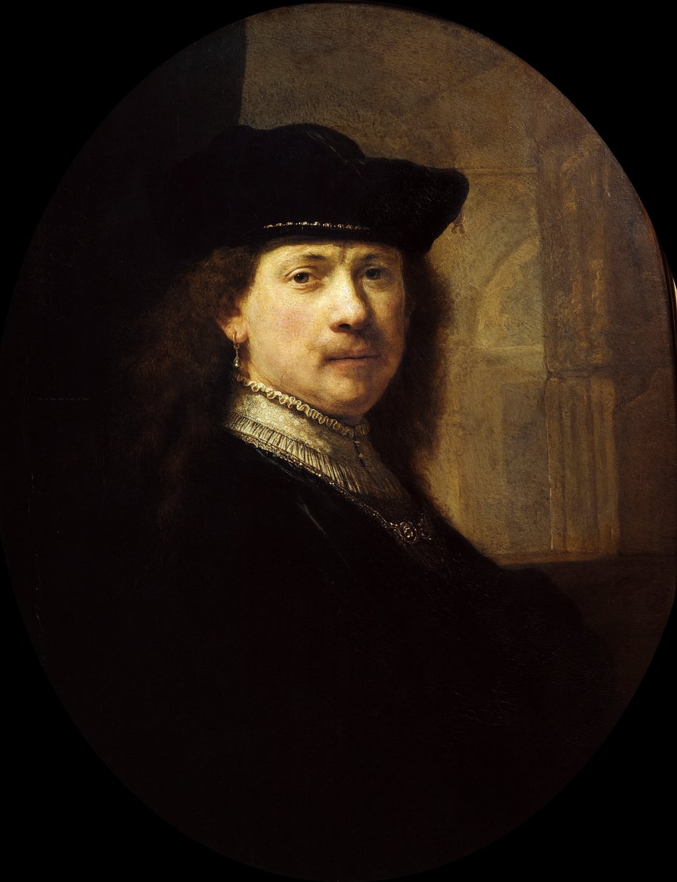 Zelfportret met een architecturale achtergrond door Rembrandt van Rhijn,
