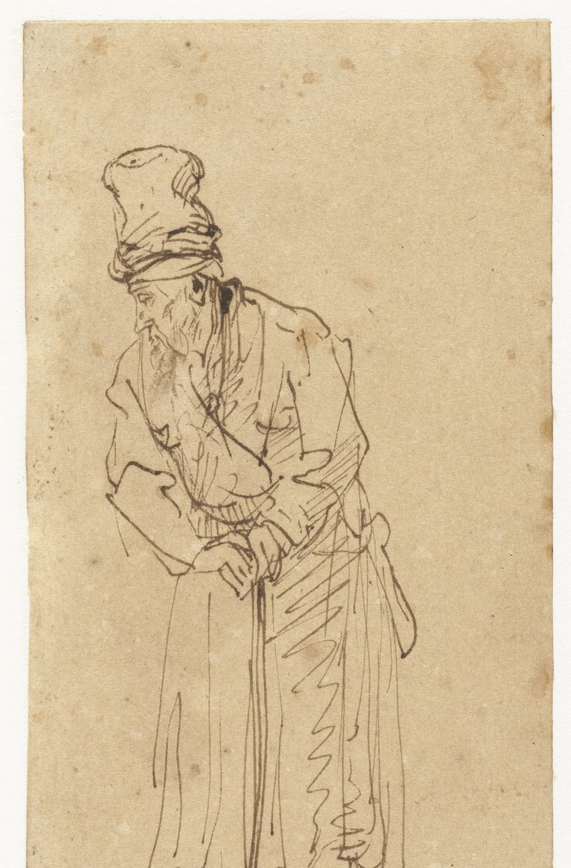 Oude man leunend op een stok door Rembrandt van Rijn (school of)