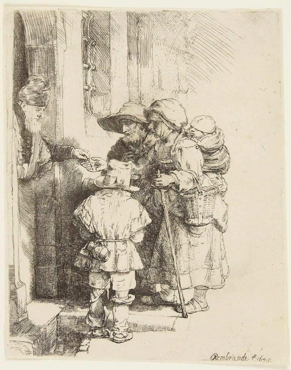 Een blinde draailierspeler en zijn gezin ontvangen aalmoezen door Rembrandt van Rijn