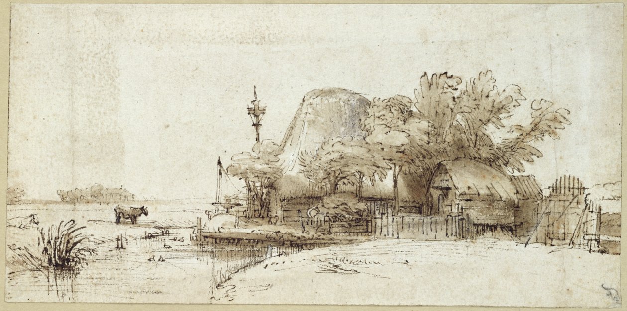 Een Boerderij bij een Stroom door Rembrandt van Rijn