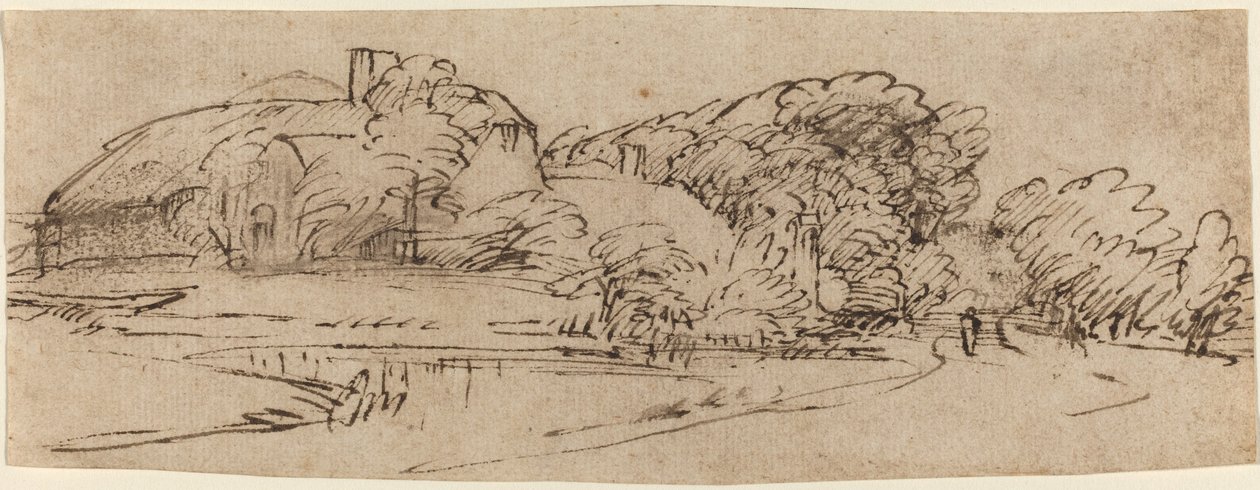 Een Landschap met Boerderijen tussen Bomen door Rembrandt van Rijn