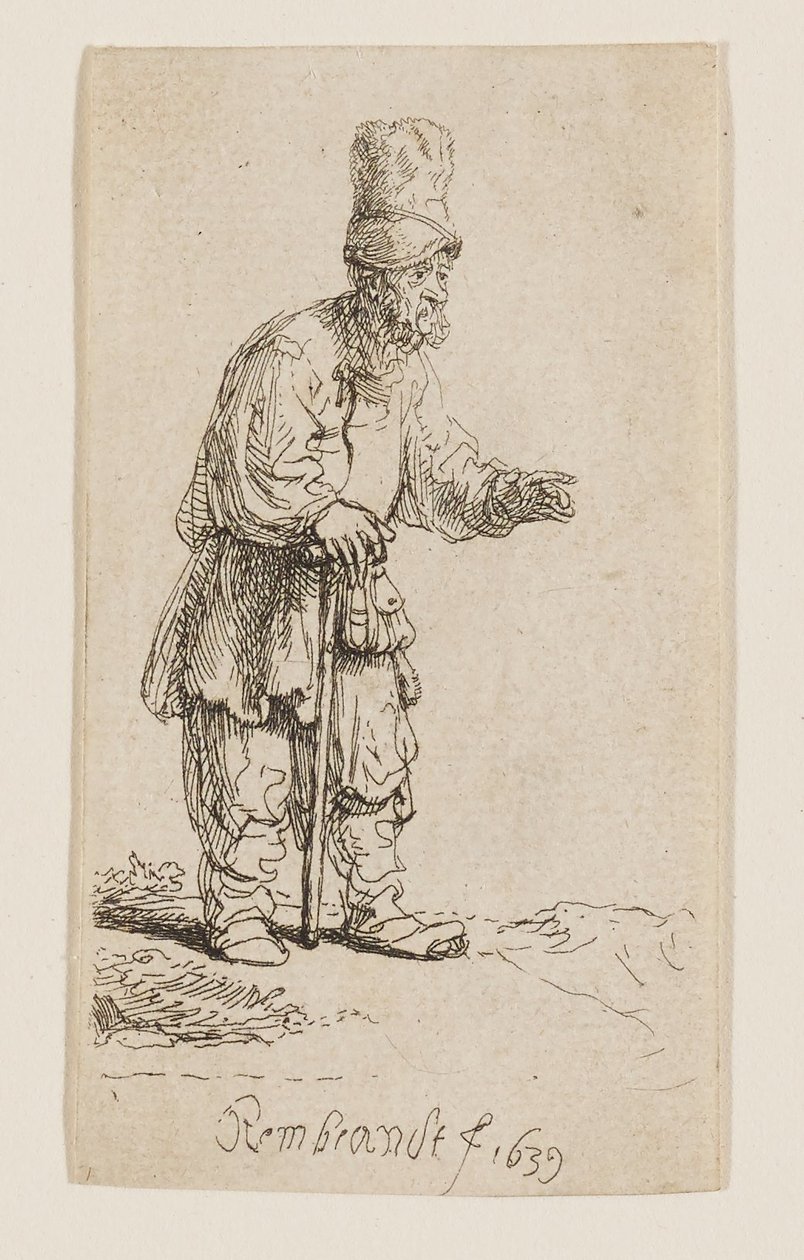 Een boer met een hoge muts, staand en leunend op een stok door Rembrandt van Rijn