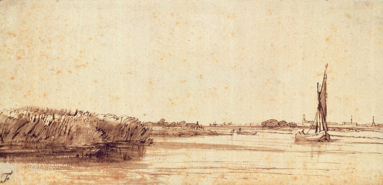Een Rivier met een Zeilboot op Nieuwe Meer door Rembrandt van Rijn