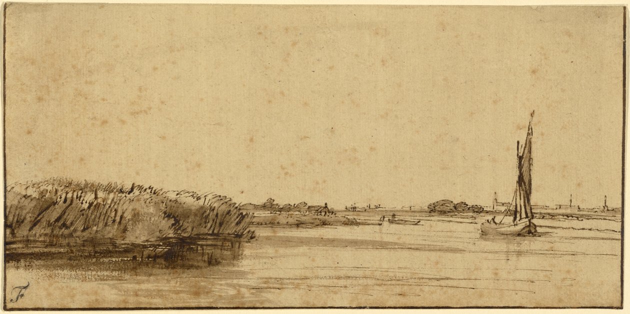 Een Zeilboot op een Wijde Wateroppervlakte, c.1650 door Rembrandt van Rijn