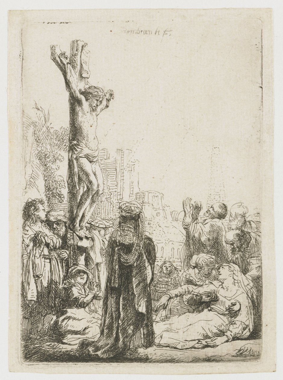 Een blinde draailierspeler en zijn gezin ontvangen aalmoezen door Rembrandt van Rijn